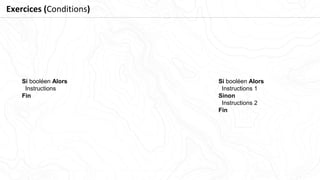 Exercices (Conditions)
Si booléen Alors
Instructions
Fin
Si booléen Alors
Instructions 1
Sinon
Instructions 2
Fin
 