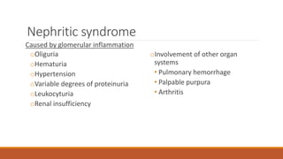 Nephritic syndrome
Caused by glomerular inflammation
oOliguria
oHematuria
oHypertension
oVariable degrees of proteinuria
oLeukocyturia
oRenal insufficiency
oInvolvement of other organ
systems
• Pulmonary hemorrhage
• Palpable purpura
• Arthritis
 