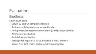 Evaluation
Renal Biopsy
Laboratory tests
◦ Serum C3 and C4 complement levels
◦ Antineutrophil cytoplasmic autoantibodies
◦ Anti-glomerular basement membrane (GBM) autoantibodies
◦ Antinuclear antibodies
◦ Anti-dsDNA antibodies
◦ Serology for hepatitis C virus, hepatitis B virus, and HIV
◦ Serum free light chains and serum immunofixation
 