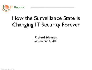 How the Surveillance State is
Changing IT Security Forever
Richard Stiennon
September 4, 2013
Wednesday, September 4, 13
 