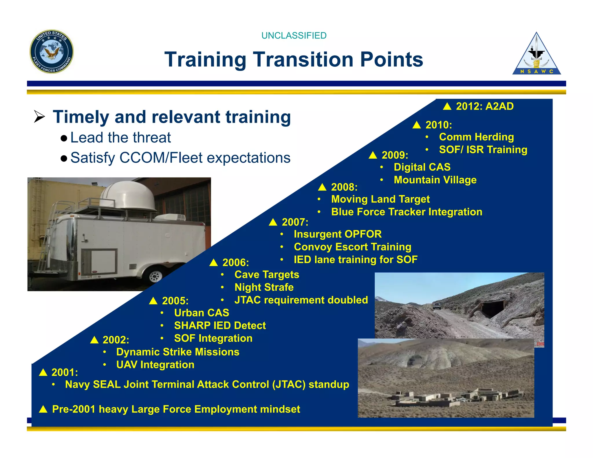 UNCLASSIFIED 
Training Transition Points 
Ø Timely and relevant training 
● Lead the threat 
● Satisfy CCOM/Fleet expectations 
p 2012: A2AD 
p 2010: 
• Comm Herding 
• SOF/ ISR Training 
p 2009: 
• Digital CAS 
• Mountain Village 
p 2008: 
• Moving Land Target 
• Blue Force Tracker Integration 
p 2007: 
• Insurgent OPFOR 
• Convoy Escort Training 
• IED lane training for SOF 
p 2006: 
• Cave Targets 
• Night Strafe 
• JTAC requirement doubled 
p 2005: 
• Urban CAS 
• SHARP IED Detect 
• SOF Integration 
p 2002: 
• Dynamic Strike Missions 
• UAV Integration 
p 2001: 
• Navy SEAL Joint Terminal Attack Control (JTAC) standup 
p Pre-2001 heavy Large Force Employment mindset 
Naval Strike & Air Warfare Center Fly, Fight, Win 
 