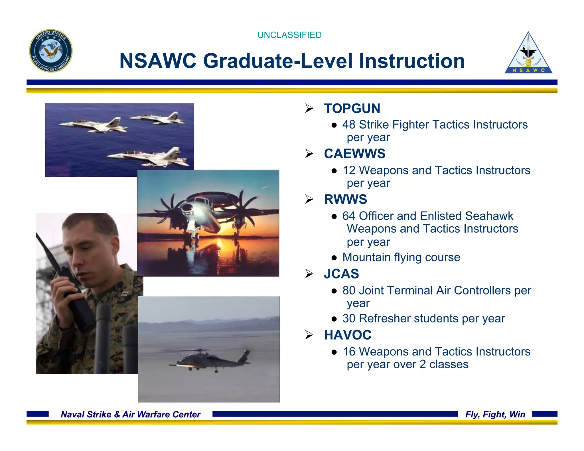 UNCLASSIFIED 
NSAWC Graduate-Level Instruction 
Ø TOPGUN 
● 48 Strike Fighter Tactics Instructors 
per year 
Ø CAEWWS 
● 12 Weapons and Tactics Instructors 
per year 
Ø RWWS 
● 64 Officer and Enlisted Seahawk 
Weapons and Tactics Instructors 
per year 
● Mountain flying course 
Ø JCAS 
● 80 Joint Terminal Air Controllers per 
year 
● 30 Refresher students per year 
Ø HAVOC 
● 16 Weapons and Tactics Instructors 
per year over 2 classes 
Naval Strike & Air Warfare Center Fly, Fight, Win 
 