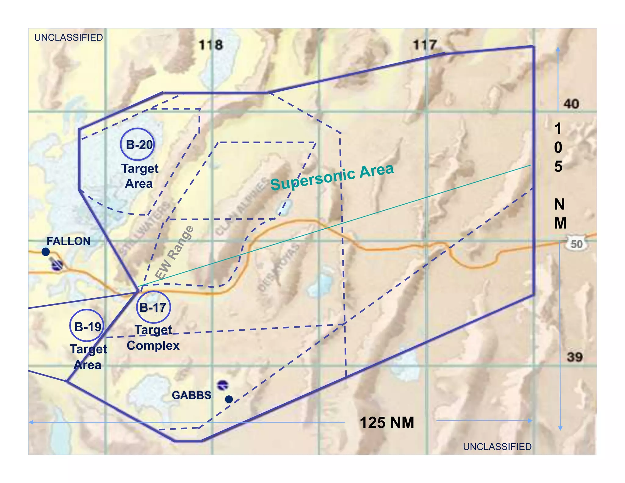 B-20 
Target 
Area 
UNCLASSIFIED 
FALLON 50 
B- 17 
Target 
Complex 
B- 19 
Target 
Area 
Naval Strike & Air Warfare Center Fly, Fight, Win 
UNCLASSIFIED 
GABBS 
125 NM 
1 
0 
5 
N 
M 
Supersonic Area 
 