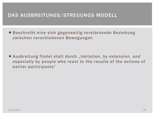 DAS AUSBREITUNGS/STREUUNGS MODELL


 Beschreibt eine sich gegenseitig verstärkende Beziehung
  zwischen verschiedenen Bewegungen



 Ausbreitung findet statt durch „ imitation, by extension, and
  especially by people who react to the results of the actions of
  earlier participants“




11.12.2012                                                      30
 