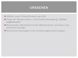 URSACHEN

 1960er neue Protestformen aus USA
 Folge der Bürgerrechts-, und Friedensbewegung. ( Ziviler
  ungehorsam)
 Wachsender Wohlstand breite Mittelschicht verändern das
  politische Gefüge
 Klassische Cleavages erste Erodierungserscheinungen
 