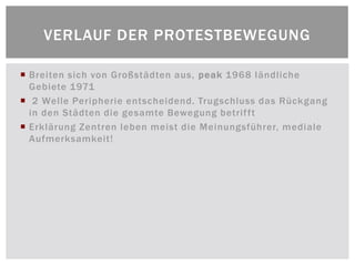 VERLAUF DER PROTESTBEWEGUNG

 Breiten sich von Großstädten aus, peak 1968 ländliche
  Gebiete 1971
 2 Welle Peripherie entscheidend. Trugschluss das Rückgang
  in den Städten die gesamte Bewegung betrif ft
 Erklärung Zentren leben meist die Meinungsführer, mediale
  Aufmerksamkeit!
 