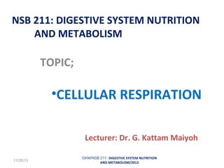 NSB 211: DIGESTIVE SYSTEM NUTRITION
AND METABOLISM

TOPIC;

•CELLULAR RESPIRATION
Lecturer: Dr. G. Kattam Maiyoh
11/20/13

GKM/NSB 211: DIGESTIVE SYSTEM NUTRITION
AND METABOLISM/2013

 