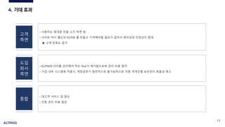 ALTPASS
17
4. 기대 효과
• 사용자는 휴대폰 만을 소지 하면 됨.
• 사이트 마다 별도의 ID/PW 를 만들고 기억해야할 필요가 없어서 편의성과 안정성이 증대
➔ 고객 만족도 증가
고객
측면
• ID/PW와 OTP를 관리해야 하는 Risk가 제거됨으로써 관리 비용 절약
• 기업 내부 시스템에 적용시, 계정공유가 원천적으로 불가능하므로 직원 개개인별 보안관리 효율성 제고
도입
회사
측면
• 대고객 서비스 질 향상
• 인증 관리 비용 절감
종합
 