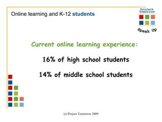 Online learning and K-12  students Current online learning experience: 16% of high school students 14% of middle school students 