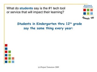 Students in Kindergarten thru 12 th  grade say the same thing every year:  What do  students  say is the #1 tech tool  or service that will impact their learning?   