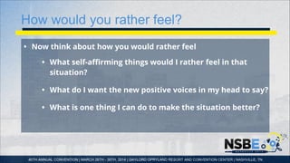 How would you rather feel?
• Now think about how you would rather feel
• What self-aﬃrming things would I rather feel in t...