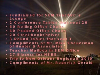 Fundraised for SEM Teacher’s Lounge 2 Conference Tables that seat 20 60 Rolling Office Chairs 40 Padded Office Chairs 20 Steel Bookshelves 3 Round Tables that seat 3 Compliments of Mr. Mike Sheuerman of Hunter & Associates Teacher Mailbox in SEM Office 27 Blazers for NSBE Trip to New Orleans Regionals 2010 Compliments of Mr. Roderick Gerald 