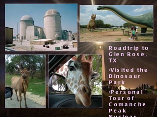Roadtrip to Glen Rose, TX Visited the Dinosaur Park Personal Tour of Comanche Peak Nuclear Power Plant Experienced the Wildlife Park 