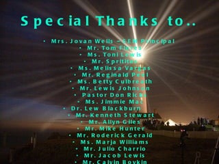 Special Thanks to.. Mrs. Jovan Wells –SEM Principal  Mr. Tom Flores Ms. Toni Lewis Mr. Sprititus Ms. Melissa Vargas Mr. Reginald Peel Ms. Betty Culbreath Mr. Lewis Johnson Pastor Don Ricks Ms. Jimmie Mac Dr. Lew Blackburn  Mr. Kenneth Stewart Mr. Allyn Giles Mr. Mike Hunter Mr. Roderick Gerald Ms. Marja Williams Mr. Julio Charrio Mr. Jacob Lewis Mr. Calvin Boykin Mr. Larry Veal Ms. JaKeja  Ms. Jennifer Carpenter Ms. Jacqueline Long Mr. Kevin Lam Ms. Cameron Ms. Froswa Booker-Drew Ms. Sylvia Scott Mr. Paul Nguyen 