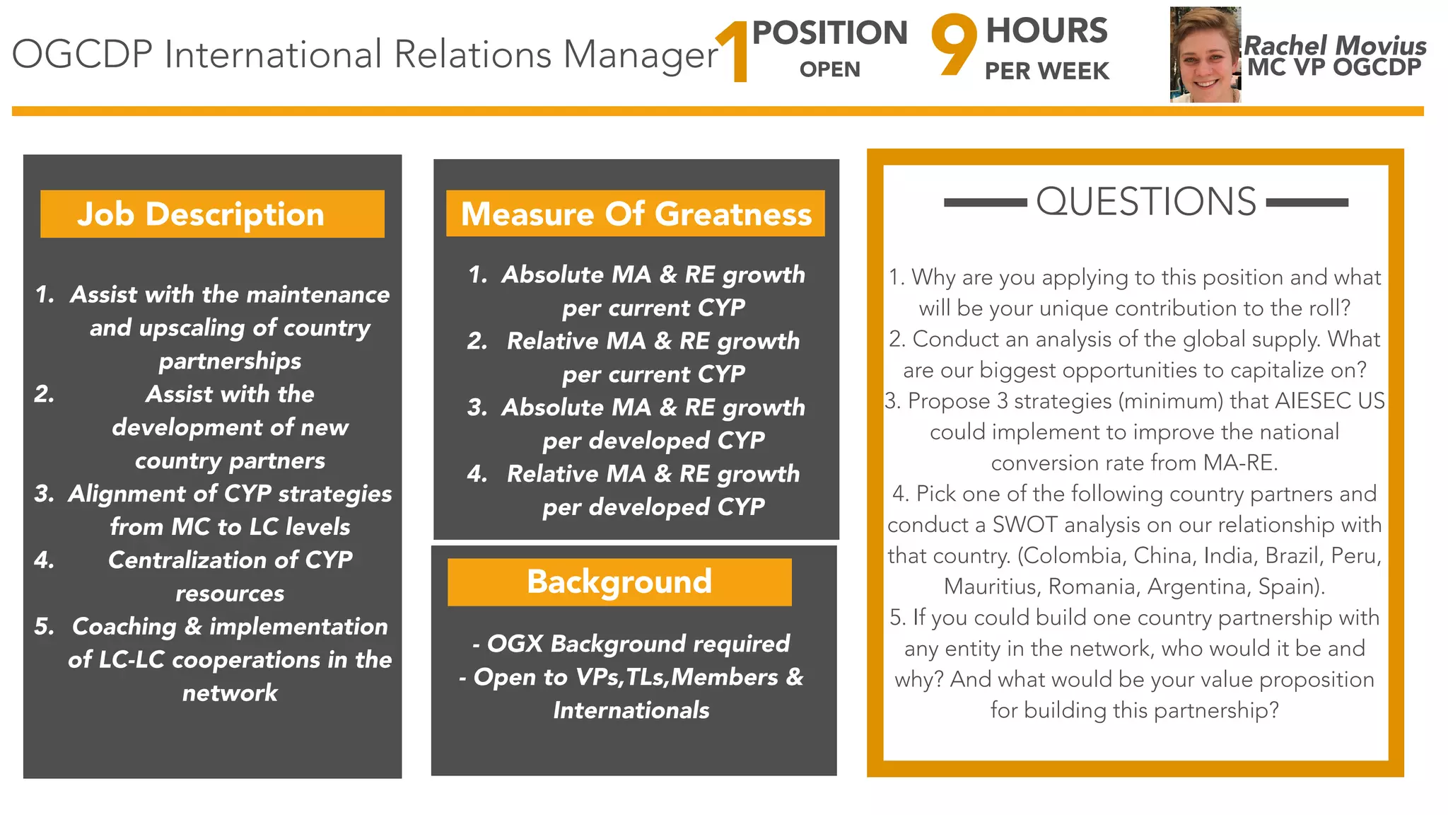 Rachel Movius
MC VP OGCDP
Job Description Measure Of Greatness
1. Assist with the maintenance
and upscaling of country
partnerships
2. Assist with the
development of new
country partners
3. Alignment of CYP strategies
from MC to LC levels
4. Centralization of CYP
resources
5. Coaching & implementation
of LC-LC cooperations in the
network
1. Absolute MA & RE growth
per current CYP
2. Relative MA & RE growth
per current CYP
3. Absolute MA & RE growth
per developed CYP
4. Relative MA & RE growth
per developed CYP
QUESTIONS
1. Why are you applying to this position and what
will be your unique contribution to the roll?
2. Conduct an analysis of the global supply. What
are our biggest opportunities to capitalize on?
3. Propose 3 strategies (minimum) that AIESEC US
could implement to improve the national
conversion rate from MA-RE.
4. Pick one of the following country partners and
conduct a SWOT analysis on our relationship with
that country. (Colombia, China, India, Brazil, Peru,
Mauritius, Romania, Argentina, Spain).
5. If you could build one country partnership with
any entity in the network, who would it be and
why? And what would be your value proposition
for building this partnership?
9HOURS
PER WEEK1POSITION
OPEN
Background
- OGX Background required
- Open to VPs,TLs,Members &
Internationals
OGCDP International Relations Manager
 