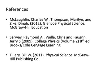 References

• McLaughlin, Charles W., Thompson, Marilyn, and
  Zike, Dinah. (2012). Glencoe Physical Science.
  McGraw-Hill Education

• Serway, Raymond A., Vuille, Chris and Faugnn,
  Jerry S.(2009). College Physics (Volume 2) 8th ed.
  Brooks/Cole Cengage Learning

• Tillery, Bill W. (2011). Physical Science McGraw-
  Hill Publishing Co.
 
