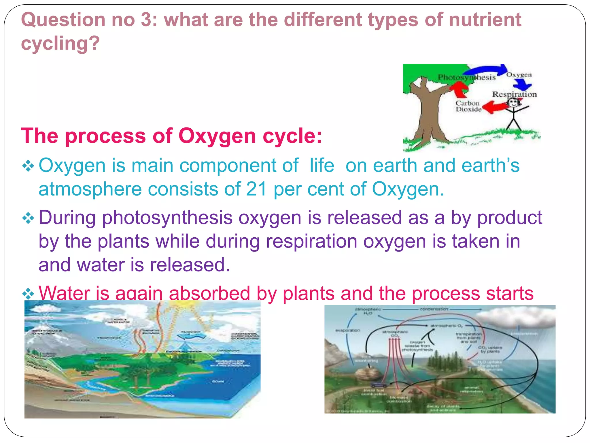 Question no 3: what are the different types of nutrient
cycling?
The process of Oxygen cycle:
 Oxygen is main component of life on earth and earth’s
atmosphere consists of 21 per cent of Oxygen.
 During photosynthesis oxygen is released as a by product
by the plants while during respiration oxygen is taken in
and water is released.
 Water is again absorbed by plants and the process starts
all over again.
 