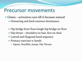 Precursor movements
 Glutes – activation cues till it because natural
 Hamstring and back extensor dominance.
 Hip bridge from floor/single hip bridge on floor
 Hip thrust – shoulders on hair, feet on chair
 Lateral and Diagonal band sequence
 Primary exercises w bands
 Squats, Deadlifts, Jumps, Hip Thrusts
 