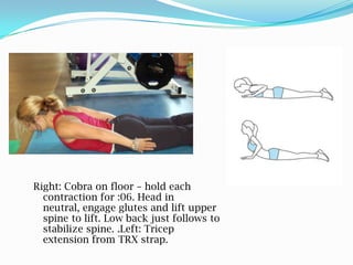 Right: Cobra on floor – hold each
contraction for :06. Head in
neutral, engage glutes and lift upper
spine to lift. Low back just follows to
stabilize spine. .Left: Tricep
extension from TRX strap.
 
