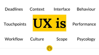 UX is
Deadlines
Touchpoints
Workflow Culture
Context
Scope
Interface
Performance
Psycology
Behaviour
 