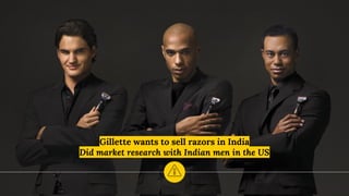 Gillette wants to sell razors in India
Did market research with Indian men in the US
 