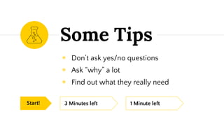 Some Tips
◉ Don’t ask yes/no questions
◉ Ask “why” a lot
◉ Find out what they really need
3 Minutes leftStart! 1 Minute left
 