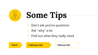 Some Tips
◉ Don’t ask yes/no questions
◉ Ask “why” a lot
◉ Find out what they really need
3 Minutes leftStart! 1 Minute left
 