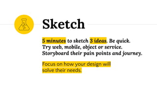 5 minutes to sketch 3 ideas. Be quick.
Try web, mobile, object or service.
Storyboard their pain points and journey.
Sketch
Focus on how your design will
solve their needs.
 