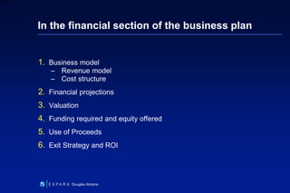 27
6XXXX
Douglas Abrams
In the financial section of the business plan
1. Business model
– Revenue model
– Cost structure
2. Financial projections
3. Valuation
4. Funding required and equity offered
5. Use of Proceeds
6. Exit Strategy and ROI
 