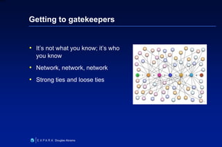 32
6XXXX
Douglas Abrams
Getting to gatekeepers
• It’s not what you know; it’s who
you know
• Network, network, network
• Strong ties and loose ties
 