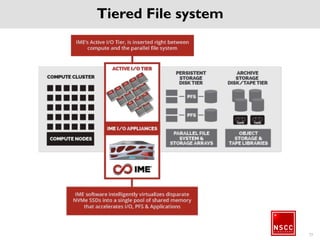 NSCC Storage
26
Tier0
BurstBuffer
Tier0
ScratchFS
Tier1
HomeFS
Tier1
ProjectFS
Tier2
Archive
265 TB
500 GB/s
4 PB
210 GB/s
4 PB
100 GB/s
WOS Active
Archive
Infinite Memory
Engine GRIDScaler
GPFS® Storage
HSM
5PB
20TB/h
EXAScaler Lustre® Storage
 