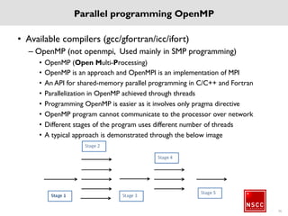 Parallel Programming MPI
• MPI
– MPI stands for Messaging Passing Interface
– MPI is a library specification
– MPI implementation is typically a wrapper to standard
compilers such as C/Fortran/Java/Python
– Typically used in Distributed memory communication
37
 
