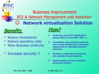 Business improvement ROI & Network Management cost reduction:    Network virtualization Solution   Benefits   Reduce investments Reduce operating costs Allow Business continuity Increase security !! How? Customize access for individuals &   groups (802.1x wired WiFi, NAC, ..) Consolidate many physical networks   into a single infrastructure (minimize    replacement of redundant physical    networks,  Partition a single physical network   into multiple virtual networks Rapidly deploy services & policies    across the network 