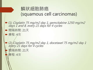 鱗狀細胞肺癌
(squamous cell carcinomas)
 (1) Cisplatin 75 mg/m2 day 1, gemcitabine 1250 mg/m2
days 1 and 8, every 21 days for 4...