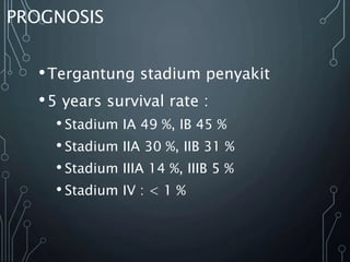 PROGNOSIS
•Tergantung stadium penyakit
•5 years survival rate :
• Stadium IA 49 %, IB 45 %
• Stadium IIA 30 %, IIB 31 %
• Stadium IIIA 14 %, IIIB 5 %
• Stadium IV : < 1 %
 