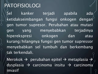PATOFISIOLOGI
Sel kanker terjadi apabila ada
ketidakseimbangan fungsi onkogen dengan
gen tumor supresor. Perubahan atau mutasi
gen yang menyebabkan terjadinya
hiperekspresi onkogen dan atau
kurang/hilangnya fungsi gen tumor supressor
menyebabkan sel tumbuh dan berkembang
tak terkendali.
Merokok  perubahan epitel  metaplasia 
dysplasia  carcinoma insitu  carcinoma
invasif
 