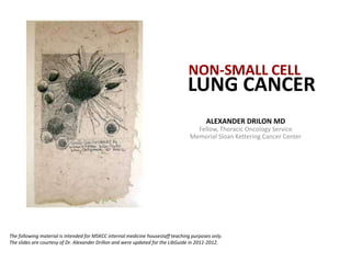 NON-SMALL CELL
                                                                                 LUNG CANCER
                                                                                         ALEXANDER DRILON MD
                                                                                    Fellow, Thoracic Oncology Service
                                                                                  Memorial Sloan Kettering Cancer Center




The following material is intended for MSKCC internal medicine housestaff teaching purposes only.
The slides are courtesy of Dr. Alexander Drillon and were updated for the LibGuide in 2011-2012.
 
