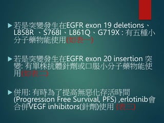 若是突變發生在EGFR exon 19 deletions、
L858R 、S768I、L861Q、G719X : 有五種小
分子藥物能使用(如表一)
若是突變發生在EGFR exon 20 insertion 突
變: 有單株抗體針劑或口服小分子藥物能使
用(如表二)
併用: 有時為了提高無惡化存活時間
(Progression Free Survival, PFS) ,erlotinib會
合併VEGF inhibitors(針劑)使用 (表三)
 