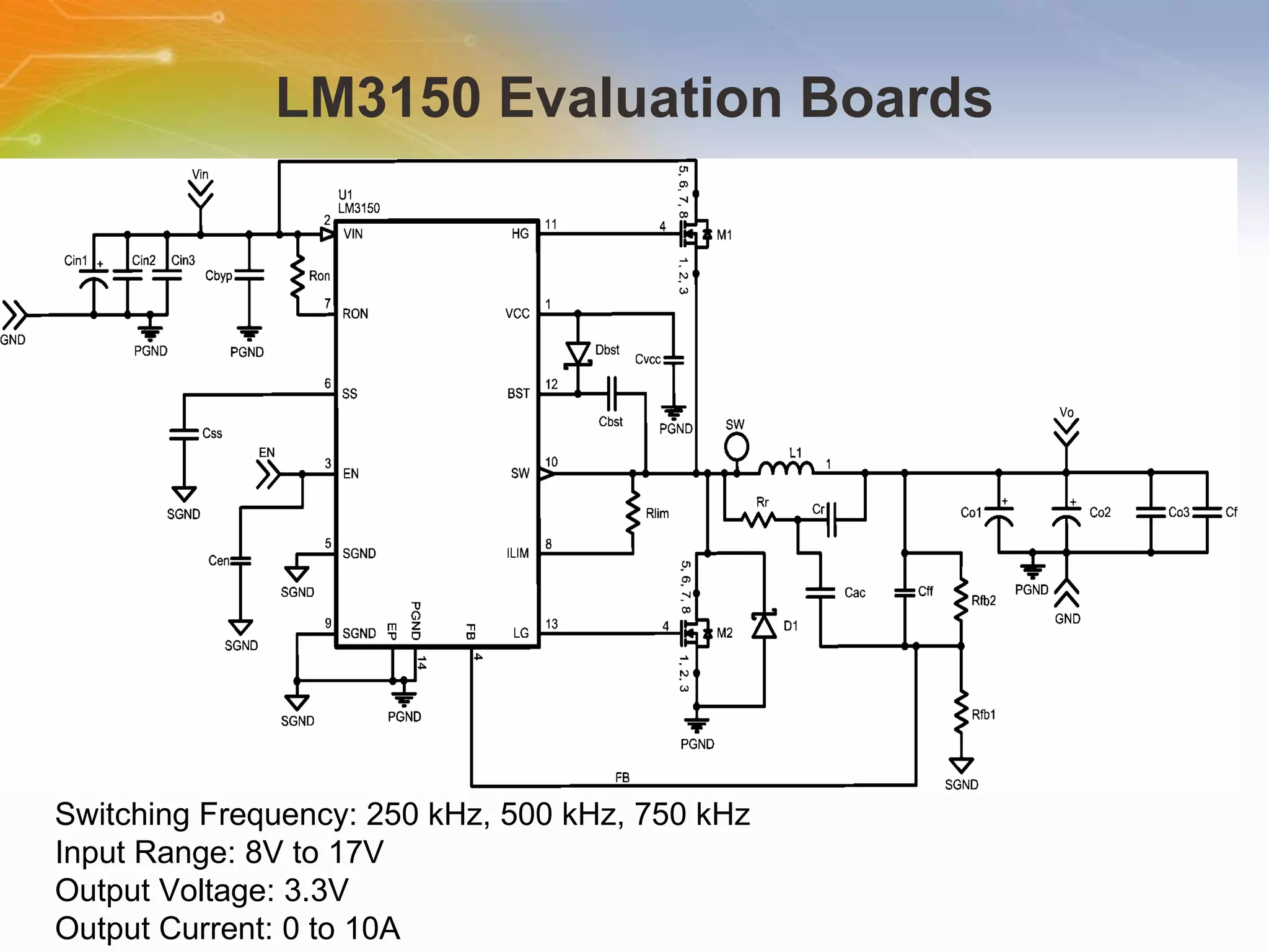 LM3150 Evaluation Boards Switching Frequency: 250 kHz, 500 kHz, 750 kHz Input Range: 8V to 17V Output Voltage: 3.3V Output Current: 0 to 10A 