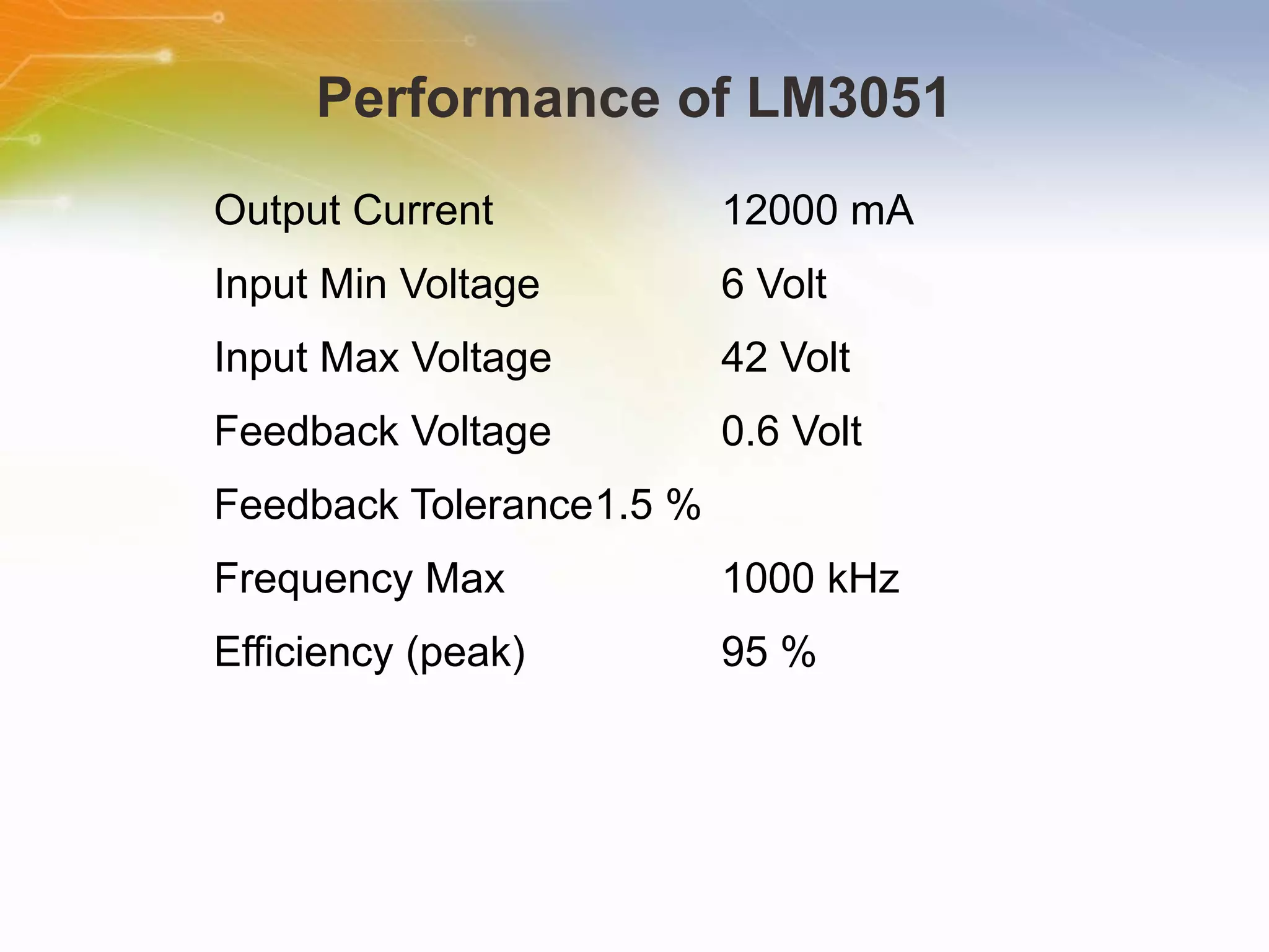 Performance of LM3051 Output Current 12000 mA Input Min Voltage 6 Volt Input Max Voltage 42 Volt Feedback Voltage 0.6 Volt Feedback Tolerance 1.5 % Frequency Max 1000 kHz Efficiency (peak) 95 % 