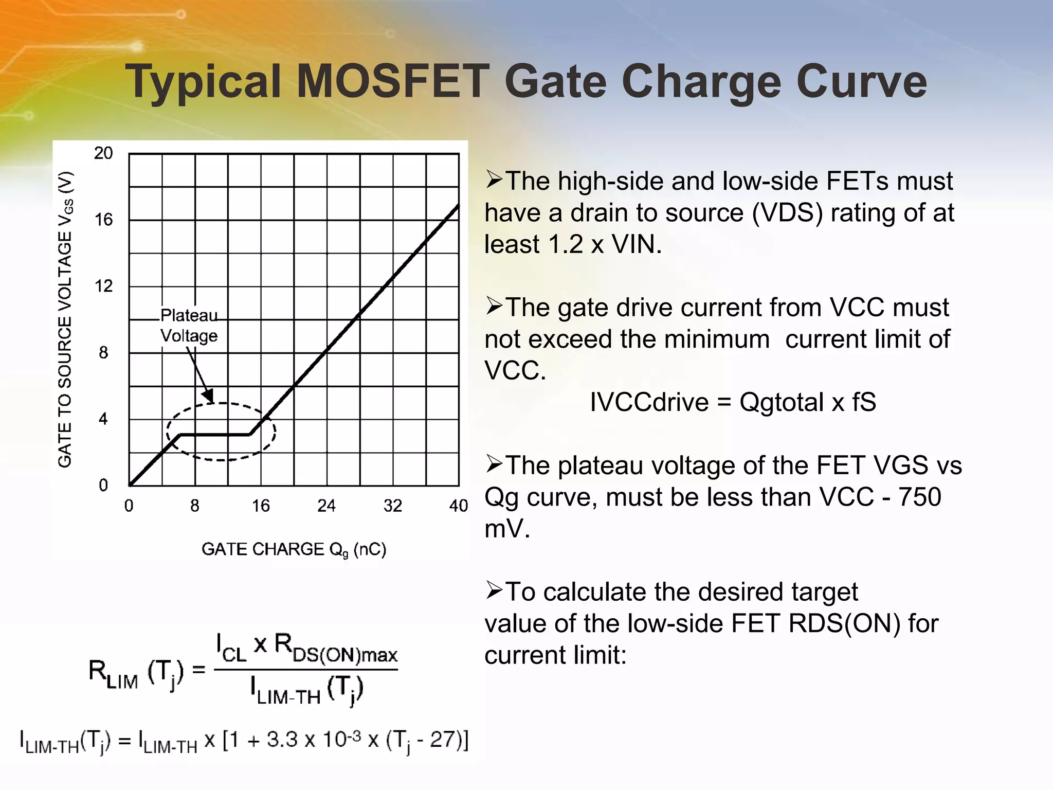 Typical MOSFET Gate Charge Curve The   high-side   and   low-side   FETs   must   have   a   drain   to   source   (VDS)   rating   of   at   least   1.2   x   VIN. The   gate   drive   current   from   VCC   must   not   exceed   the   minimum   current   limit   of   VCC. IVCCdrive   =   Qgtotal   x   fS The   plateau   voltage   of   the   FET   VGS   vs   Qg   curve,   must   be   less   than   VCC   -   750   mV. To   calculate   the   desired   target value   of   the   low-side   FET   RDS(ON)   for   current   limit: 