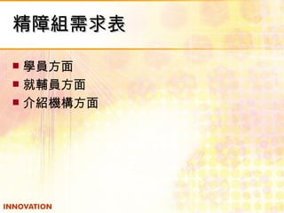 精障組需求表 學員方面 就輔員方面 介紹機構方面 