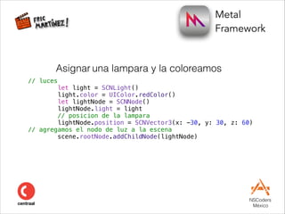 Metal  
Framework
NSCoders 
México
Asignar una lampara y la coloreamos
// luces
let light = SCNLight()
light.color = UICol...