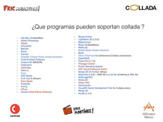 NSCoders 
México
¿Que programas pueden soportan collada ?
• 3ds Max (ColladaMax)
• Adobe Photoshop
• Allplan
• ArtiosCAD
• Blender
• Bryce
• Carrara
• Cheddar Cheese Press (model processor)
• Chief Architect Software
• Cinema 4D (MAXON)
• CityEngine
• CityScape
• Clara.io
• Cura
• DAZ Studio
• E-on Vue 9 xStream
• Esko Studio
• FreeCAD
• FormZ
• GPure
• Houdini (Side Effects Software)
• iBooks Author
• LightWave 3D (v 9.5)
• MakeHuman
• Maya (ColladaMaya)
• MeshLab
• Mobile Model Viewer (Android)
• Modo
• Okino PolyTrans for bidirectional Collada conversions
• OpenRAVE
• Poser Pro (v 7.0)
• Presagis Creator
• Robot Operating System
• SAP Visual Enterprise Author
• Shade 3D (E Frontier, Mirye)
• SketchUp (v 8.0) – KMZ ﬁle is a zip ﬁle containing a KML ﬁle
• Softimage|XSI
• Strata 3D
• Ürban PAD
• Vectorworks
• Visual3D Game Development Tool for Collada scene
• Wings 3D
• Xcode (v 4.4)
 