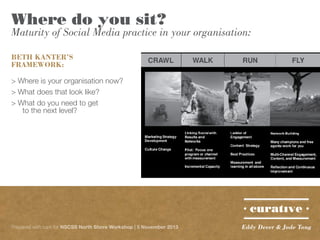 Where do you sit?

Maturity of Social Media practice in your organisation:
BETH KANTER’S
FRAMEWORK:
> Where is your organisation now?
> What does that look like?
> What do you need to get
	 to the next level?

Prepared with care for NSCSS North Shore Workshop | 5 November 2013

Eddy Dever & Jade Tang

 