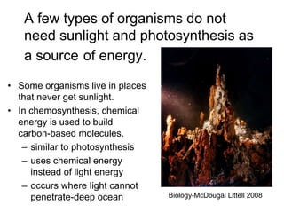 A few types of organisms do not
need sunlight and photosynthesis as
a source of energy.
• Some organisms live in places
that never get sunlight.
• In chemosynthesis, chemical
energy is used to build
carbon-based molecules.
– similar to photosynthesis
– uses chemical energy
instead of light energy
– occurs where light cannot
penetrate-deep ocean Biology-McDougal Littell 2008
 