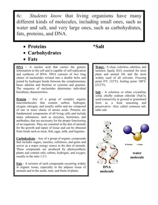 Large Molecules: Small Molecules
 DNA *Water
 Proteins *Salt
 Carbohydrates
 Fats
6c. Students know that living organisms have many
different kinds of molecules, including small ones, such as
water and salt, and very large ones, such as carbohydrates,
fats, proteins, and DNA.
DNA – A nucleic acid that carries the genetic
information in the cell and is capable of self-replication
and synthesis of RNA. DNA consists of two long
chains of nucleotides twisted into a double helix and
joined by hydrogen bonds between the complementary
bases adenine and thymine or cytosine and guanine.
The sequence of nucleotides determines individual
hereditary characteristics.
Protein - Any of a group of complex organic
macromolecules that contain carbon, hydrogen,
oxygen, nitrogen, and usually sulfur and are composed
of one or more chains of amino acids. Proteins are
fundamental components of all living cells and include
many substances, such as enzymes, hormones, and
antibodies, that are necessary for the proper functioning
of an organism. They are essential in the diet of animals
for the growth and repair of tissue and can be obtained
from foods such as meat, fish, eggs, milk, and legumes.
Carbohydrate - Any of a group of organic compounds
that includes sugars, starches, celluloses, and gums and
serves as a major energy source in the diet of animals.
These compounds are produced by photosynthetic
plants and contain only carbon, hydrogen, and oxygen,
usually in the ratio 1:2:1.
Fats - A mixture of such compounds occurring widely
in organic tissue, especially in the adipose tissue of
animals and in the seeds, nuts, and fruits of plants.
Water - A clear, colorless, odorless, and
tasteless liquid, H2O, essential for most
plant and animal life and the most
widely used of all solvents. Freezing
point 0°C (32°F); boiling point 100°C
(212°F).
Salt - A colorless or white crystalline
solid, chiefly sodium chloride (NaCl),
used extensively in ground or granulated
form as a food seasoning and
preservative. Also called common salt,
table salt.
DNA
molecule
water
molecule
 