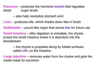 Pancreas – produces the hormone insulin that regulates
blood sugar levels
-- also help neutralize stomach acid
Liver – produces bile, which breaks down fats in foods
Gallbladder – pouch-like organ that stores bile for future use
Small Intestine – after digestion is complete, the chyme
enters the small intestine where it is absorbed into the
bloodstream
-- the chyme is propelled along by folded surfaces
called villi, on the intestine
Large Intestine – removes water from the chyme and gets the
waste ready for excretion
 