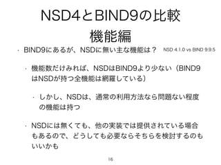 NSD4とBIND9の比較 
機能編 
• BIND9にあるが、NSDに無い主な機能は？ 
• 機能数だけみれば、NSDはBIND9より少ない（BIND9 
NSD 4.1.0 vs BIND 9.9.5 
はNSDが持つ全機能は網羅している）...