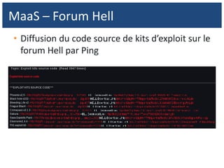 • Diffusion du code source de kits d’exploit sur le
forum Hell par Ping
MaaS – Forum Hell
 